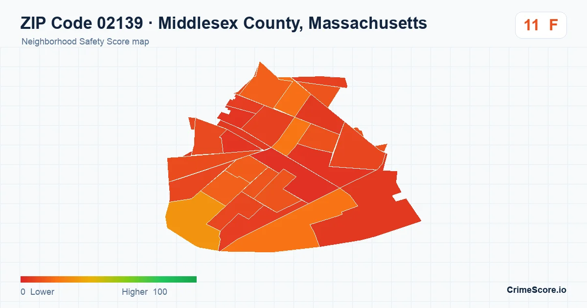ZIP Code 02139 in Middlesex County, Massachusetts neighborhood Safety Score map