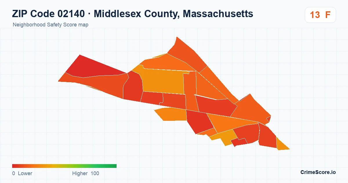 ZIP Code 02140 in Middlesex County, Massachusetts neighborhood Safety Score map