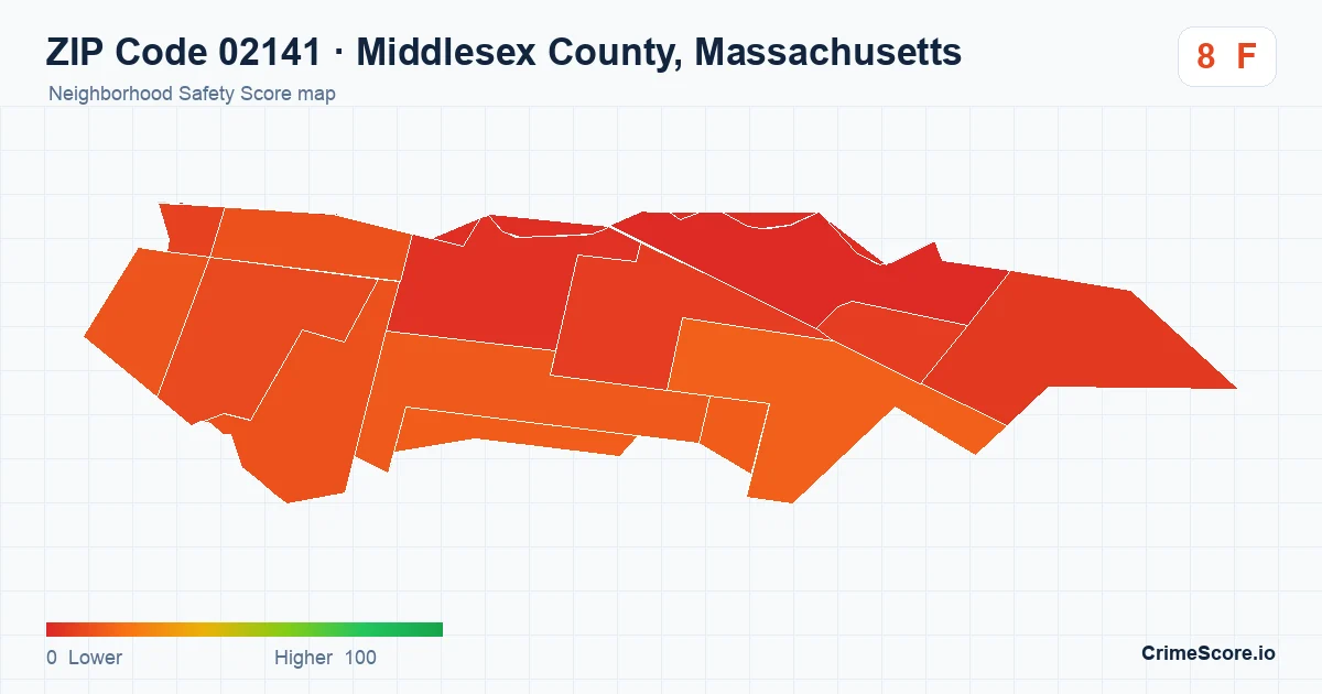 ZIP Code 02141 in Middlesex County, Massachusetts neighborhood Safety Score map