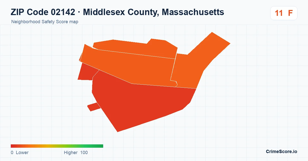 ZIP Code 02142 in Middlesex County, Massachusetts neighborhood Safety Score map