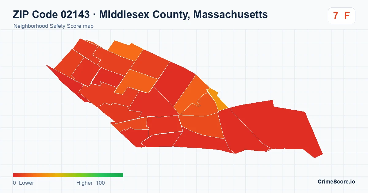 ZIP Code 02143 in Middlesex County, Massachusetts neighborhood Safety Score map