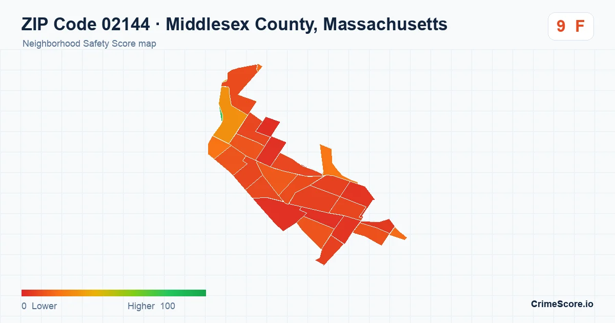 ZIP Code 02144 in Middlesex County, Massachusetts neighborhood Safety Score map