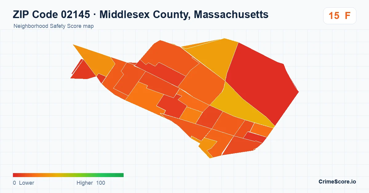 ZIP Code 02145 in Middlesex County, Massachusetts neighborhood Safety Score map