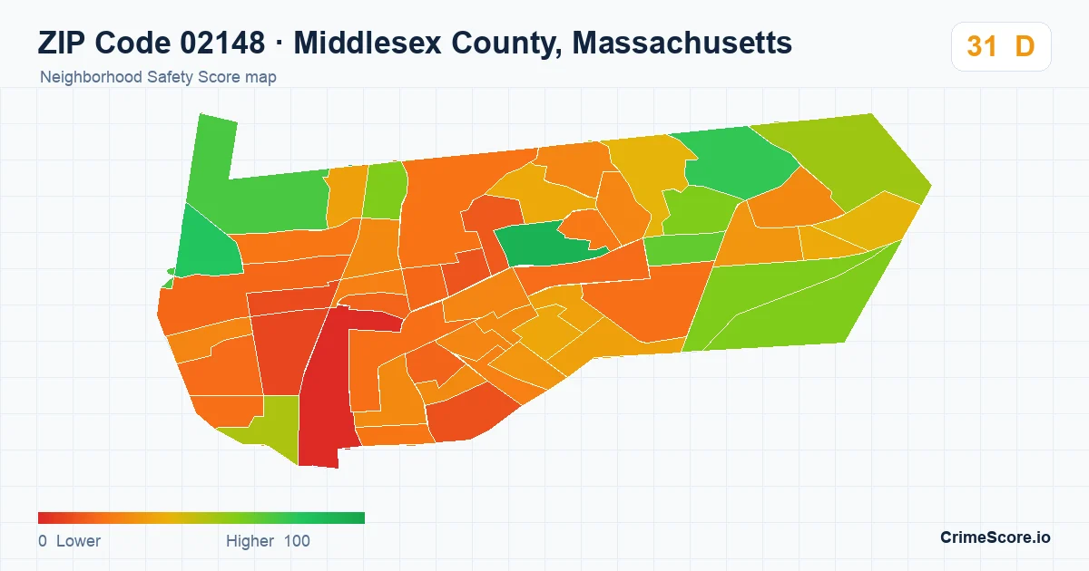 ZIP Code 02148 in Middlesex County, Massachusetts neighborhood Safety Score map