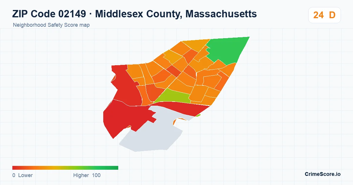 ZIP Code 02149 in Middlesex County, Massachusetts neighborhood Safety Score map