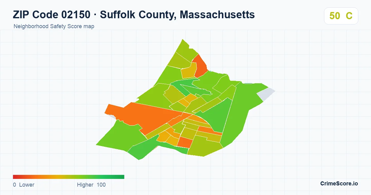 ZIP Code 02150 in Suffolk County, Massachusetts neighborhood Safety Score map