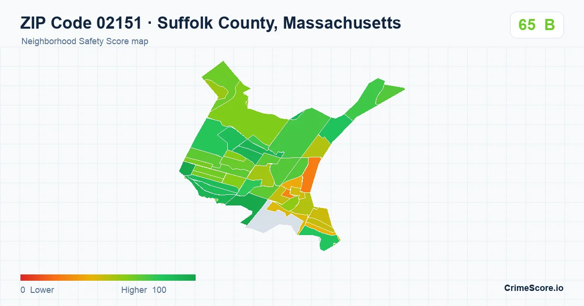 ZIP Code 02151 in Suffolk County, Massachusetts neighborhood Safety Score map