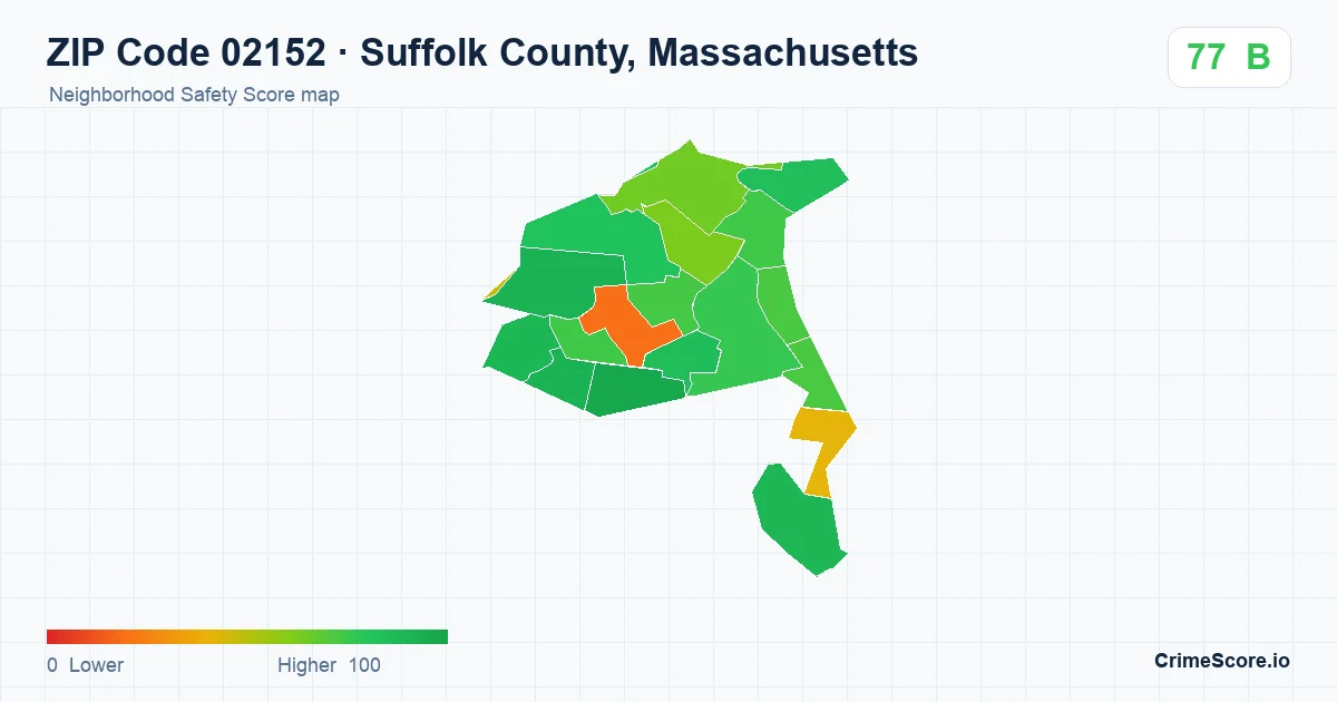 ZIP Code 02152 in Suffolk County, Massachusetts neighborhood Safety Score map