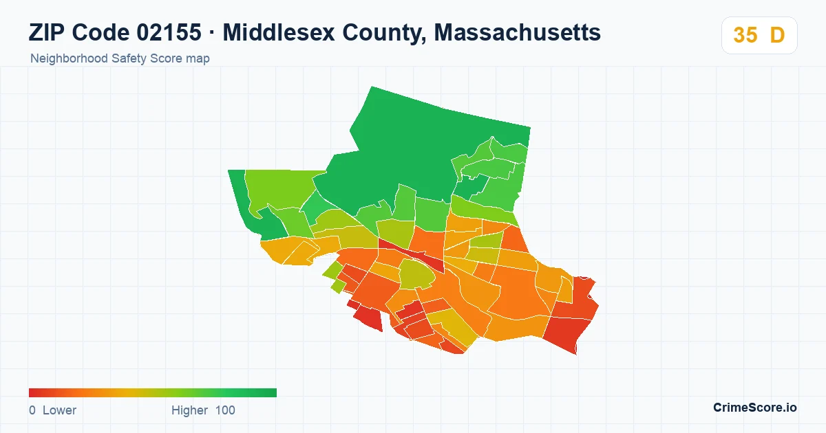 ZIP Code 02155 in Middlesex County, Massachusetts neighborhood Safety Score map