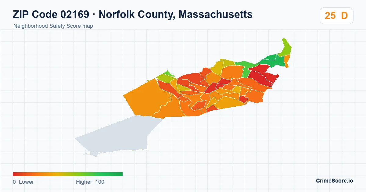 ZIP Code 02169 in Norfolk County, Massachusetts neighborhood Safety Score map