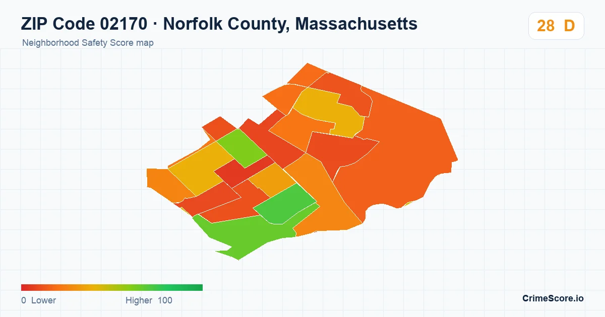 ZIP Code 02170 in Norfolk County, Massachusetts neighborhood Safety Score map
