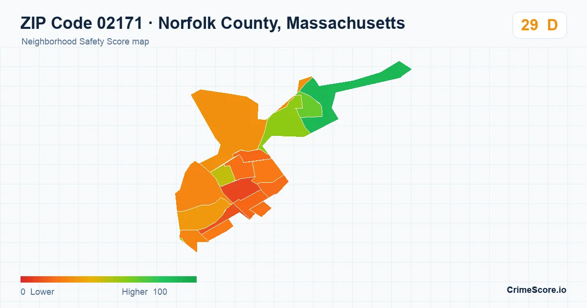 ZIP Code 02171 in Norfolk County, Massachusetts neighborhood Safety Score map