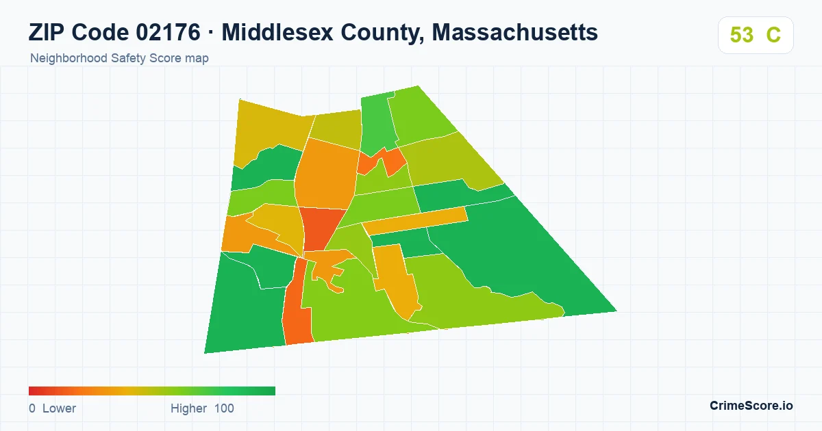 ZIP Code 02176 in Middlesex County, Massachusetts neighborhood Safety Score map