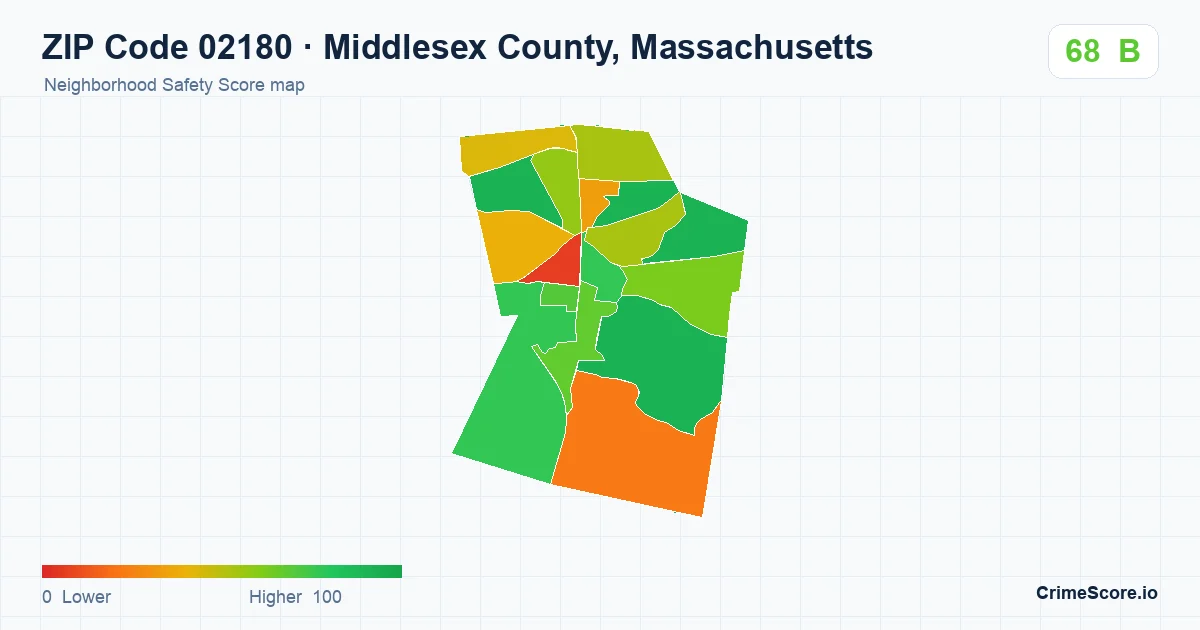 ZIP Code 02180 in Middlesex County, Massachusetts neighborhood Safety Score map