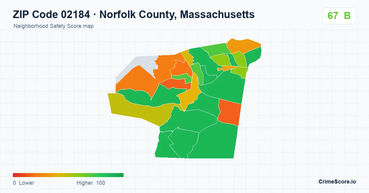 ZIP Code 02184 in Norfolk County, Massachusetts neighborhood Safety Score map
