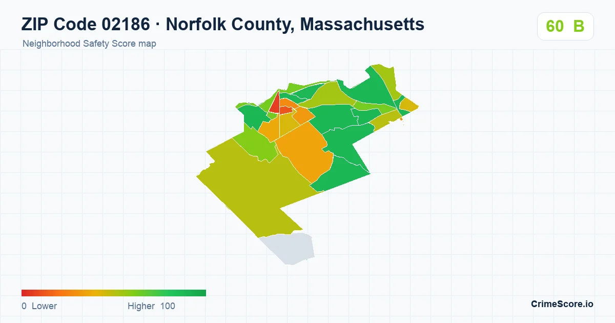 ZIP Code 02186 in Norfolk County, Massachusetts neighborhood Safety Score map