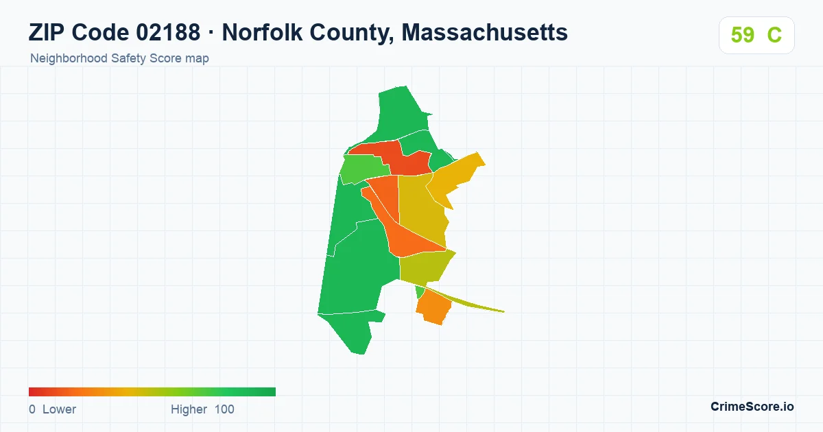 ZIP Code 02188 in Norfolk County, Massachusetts neighborhood Safety Score map