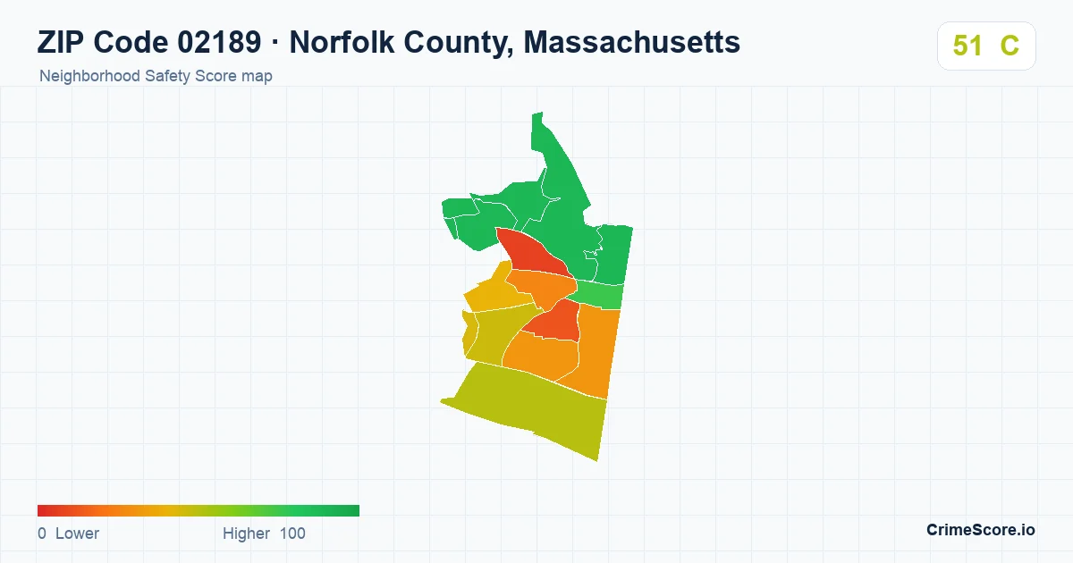 ZIP Code 02189 in Norfolk County, Massachusetts neighborhood Safety Score map