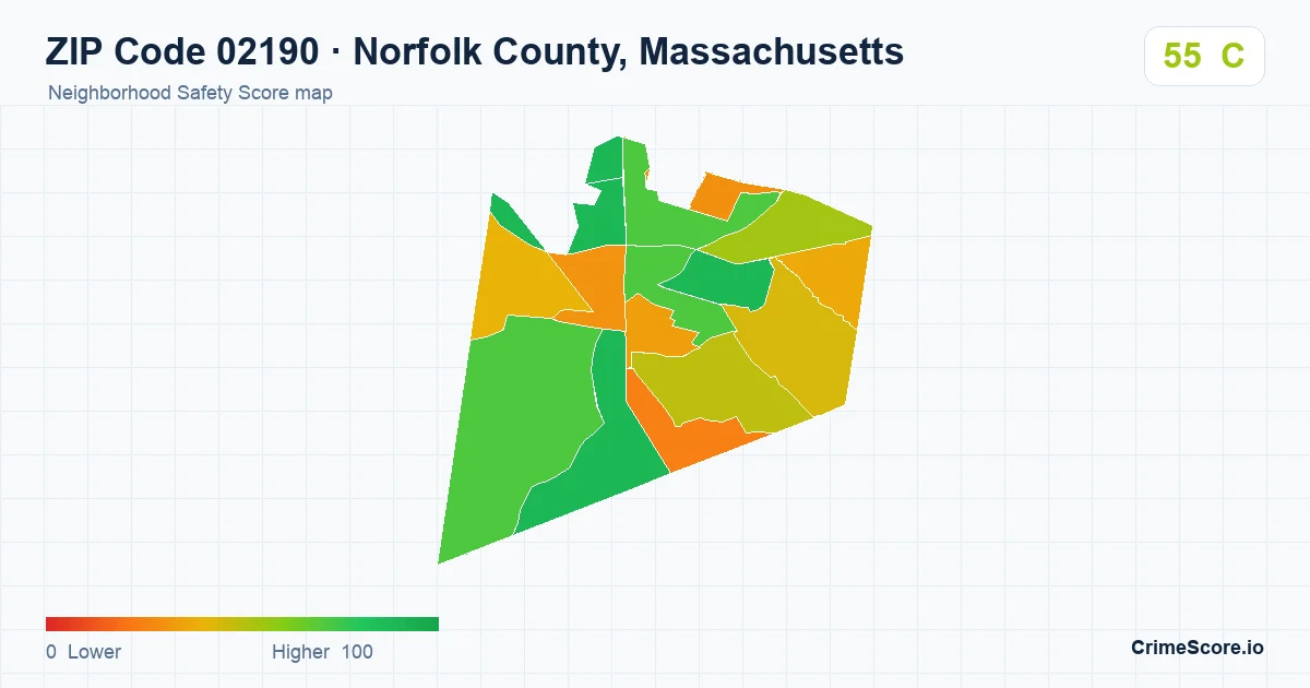 ZIP Code 02190 in Norfolk County, Massachusetts neighborhood Safety Score map