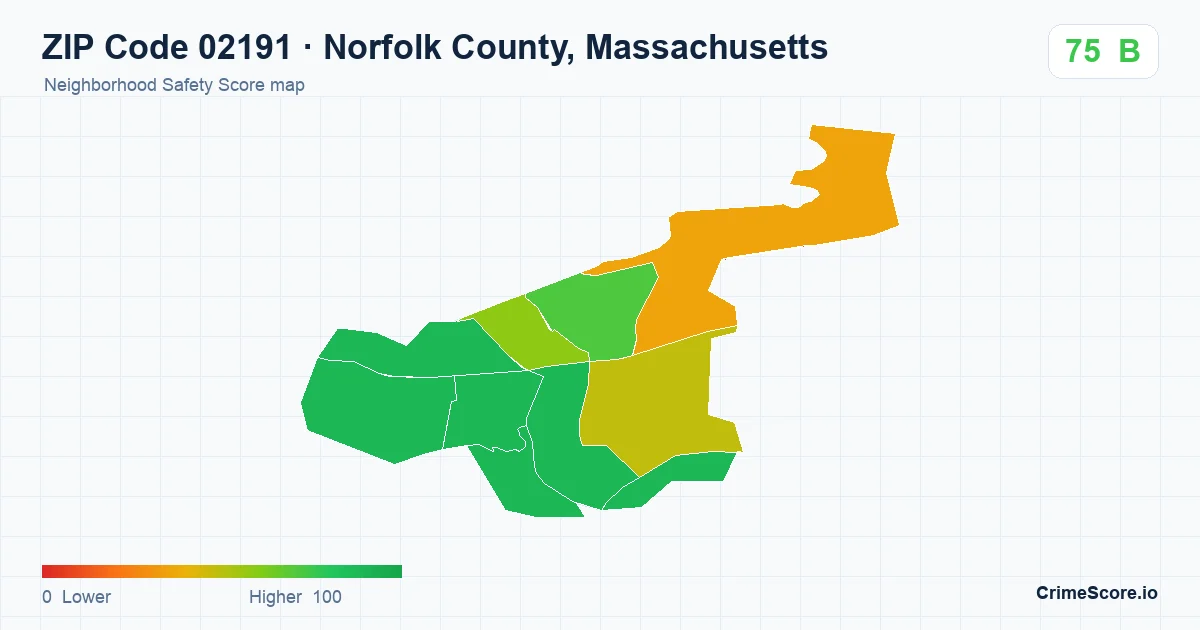 ZIP Code 02191 in Norfolk County, Massachusetts neighborhood Safety Score map