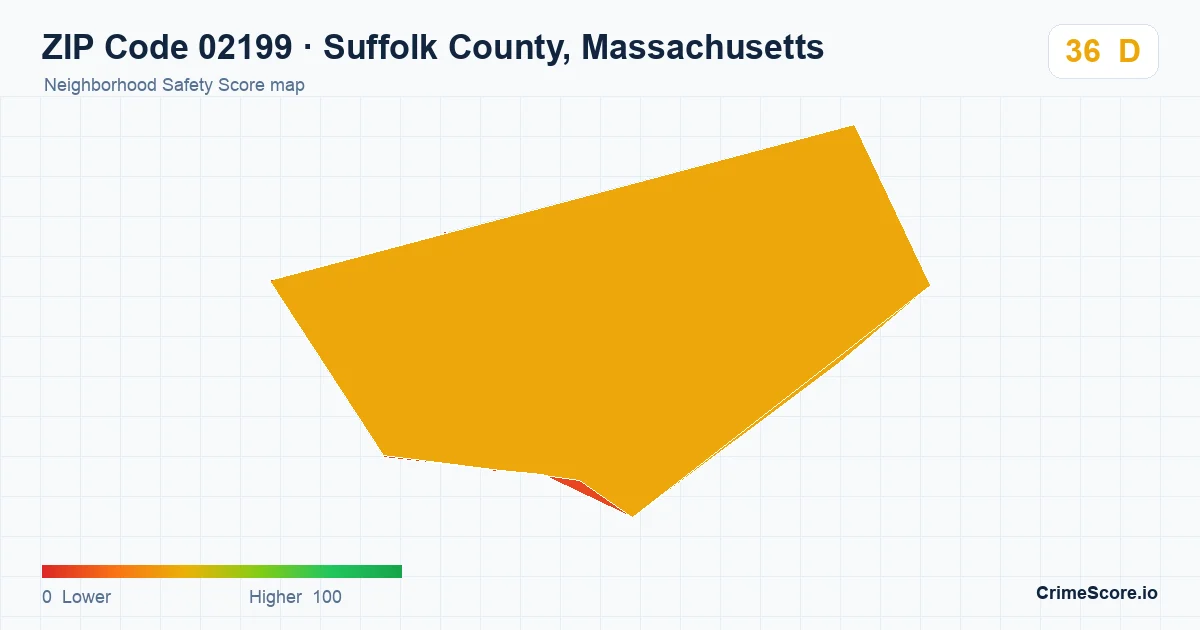 ZIP Code 02199 in Suffolk County, Massachusetts neighborhood Safety Score map