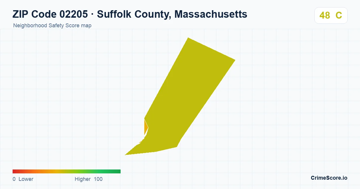 ZIP Code 02205 in Suffolk County, Massachusetts neighborhood Safety Score map
