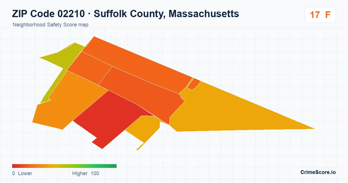 ZIP Code 02210 in Suffolk County, Massachusetts neighborhood Safety Score map