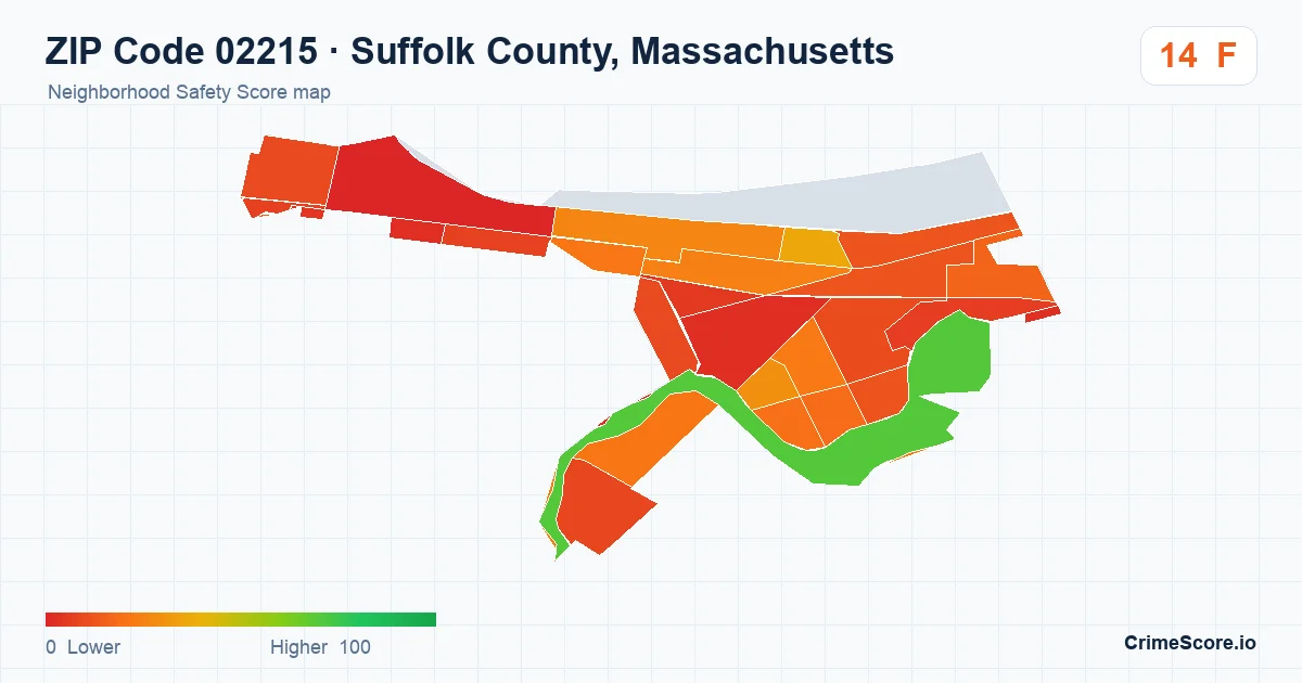 ZIP Code 02215 in Suffolk County, Massachusetts neighborhood Safety Score map