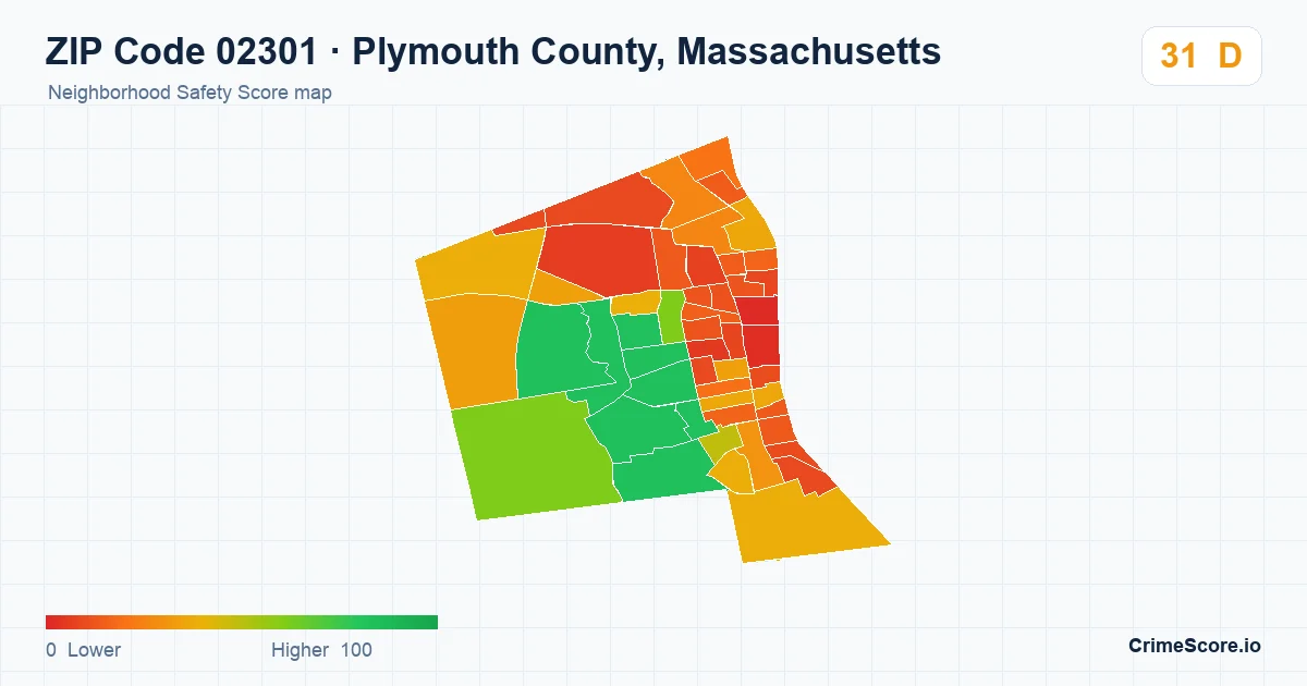 ZIP Code 02301 in Plymouth County, Massachusetts neighborhood Safety Score map