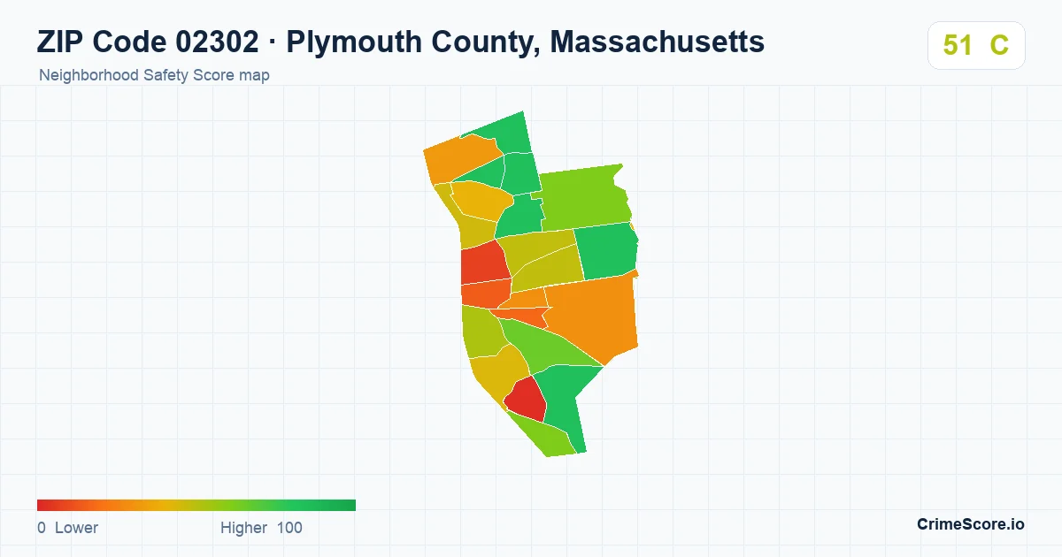 ZIP Code 02302 in Plymouth County, Massachusetts neighborhood Safety Score map