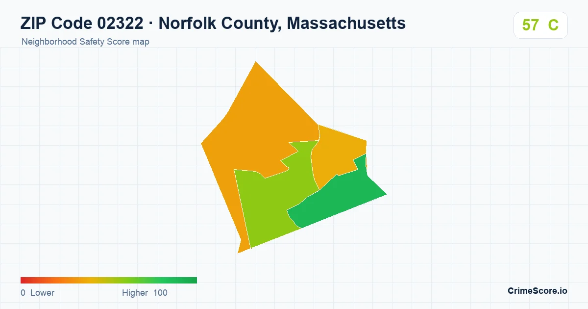 ZIP Code 02322 in Norfolk County, Massachusetts neighborhood Safety Score map