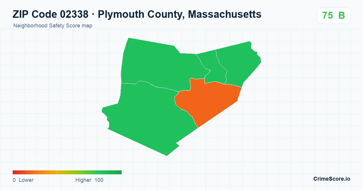 ZIP Code 02338 in Plymouth County, Massachusetts neighborhood Safety Score map