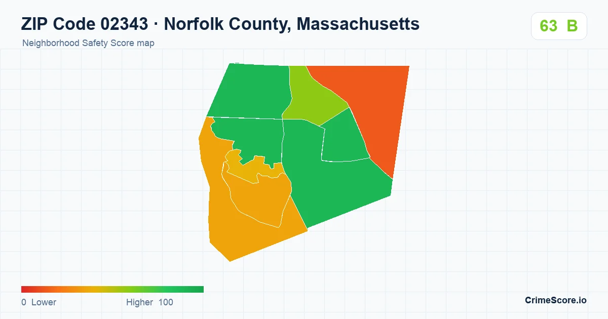 ZIP Code 02343 in Norfolk County, Massachusetts neighborhood Safety Score map