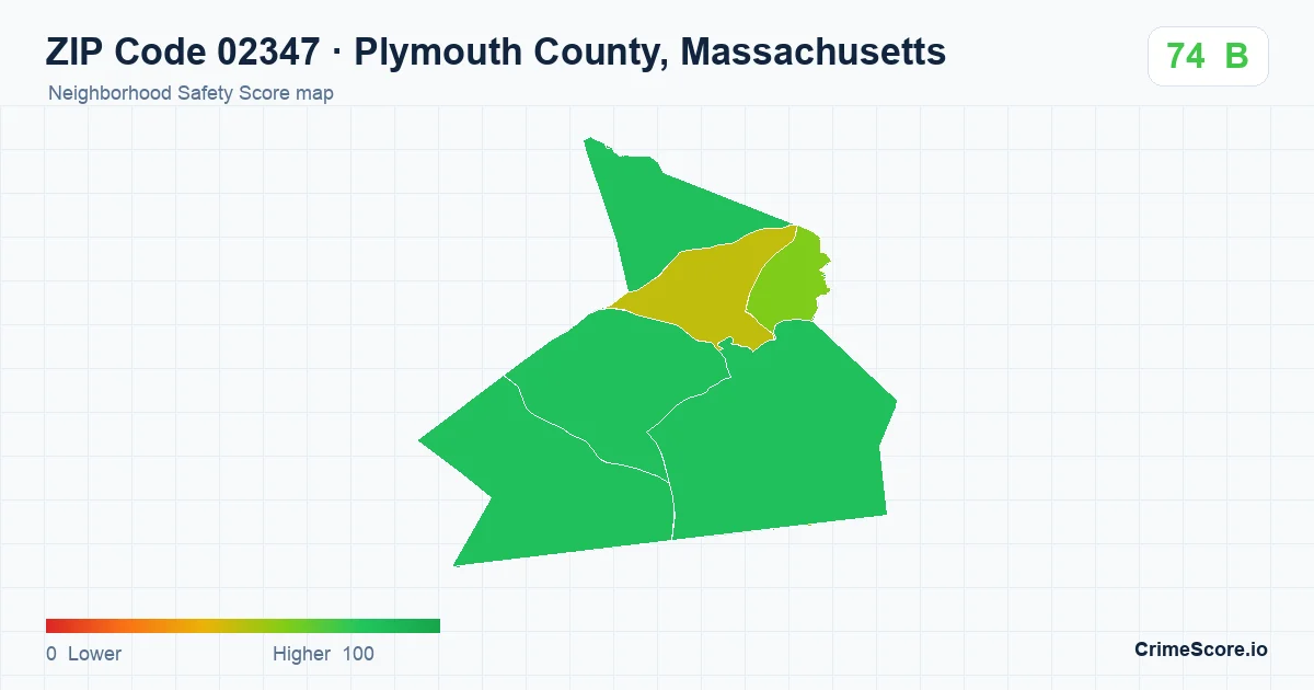 ZIP Code 02347 in Plymouth County, Massachusetts neighborhood Safety Score map
