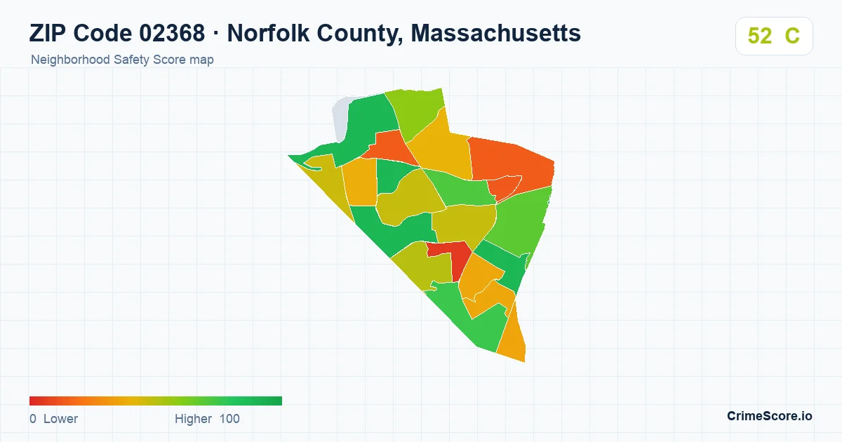 ZIP Code 02368 in Norfolk County, Massachusetts neighborhood Safety Score map