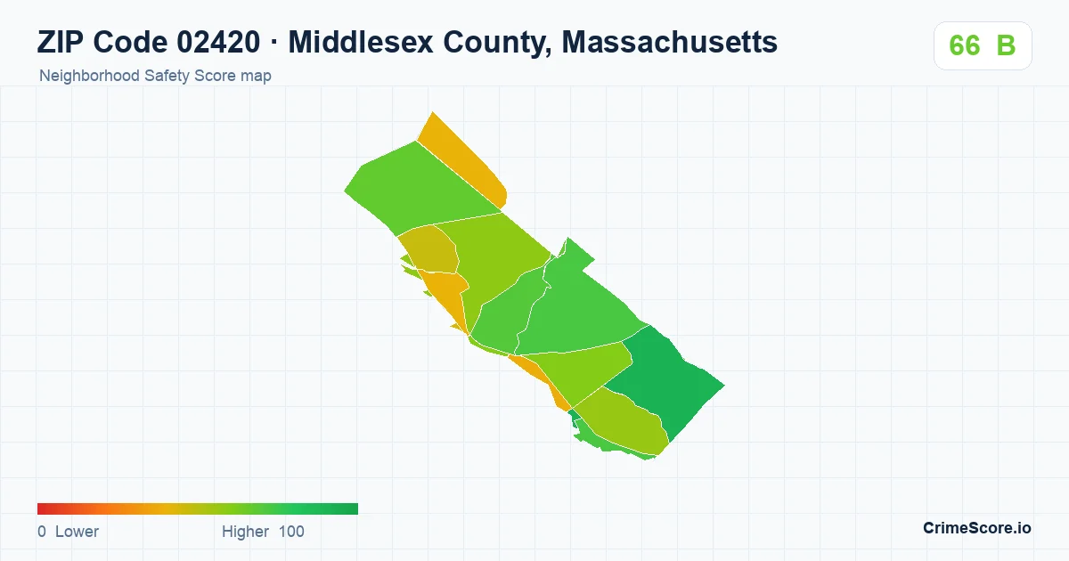 ZIP Code 02420 in Middlesex County, Massachusetts neighborhood Safety Score map