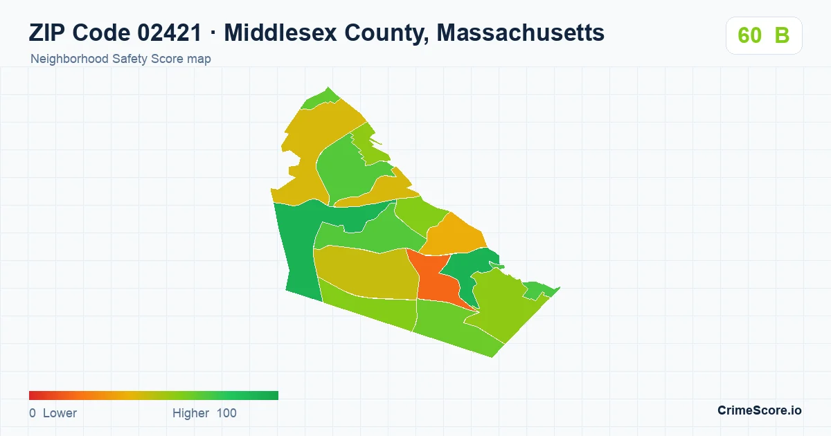 ZIP Code 02421 in Middlesex County, Massachusetts neighborhood Safety Score map