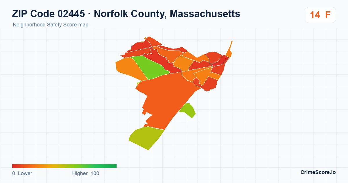 ZIP Code 02445 in Norfolk County, Massachusetts neighborhood Safety Score map
