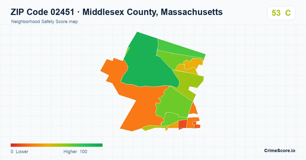 ZIP Code 02451 in Middlesex County, Massachusetts neighborhood Safety Score map