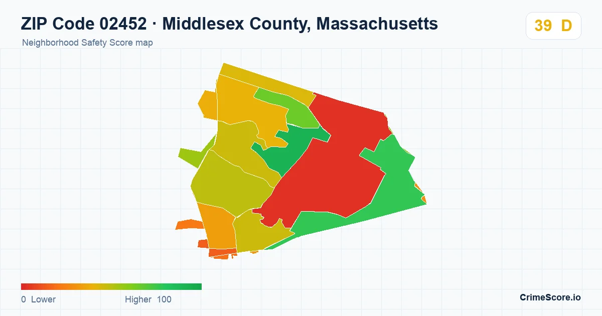 ZIP Code 02452 in Middlesex County, Massachusetts neighborhood Safety Score map