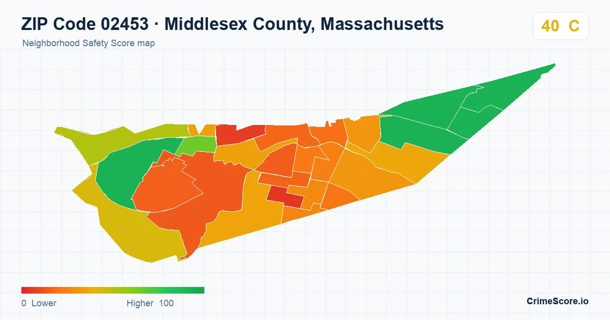 ZIP Code 02453 in Middlesex County, Massachusetts neighborhood Safety Score map