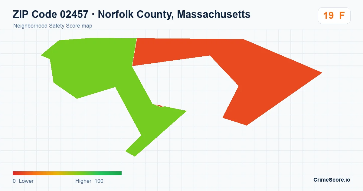 ZIP Code 02457 in Norfolk County, Massachusetts neighborhood Safety Score map