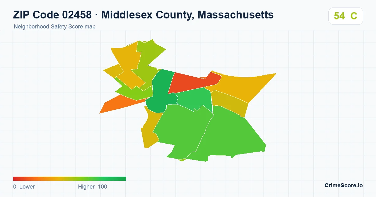 ZIP Code 02458 in Middlesex County, Massachusetts neighborhood Safety Score map