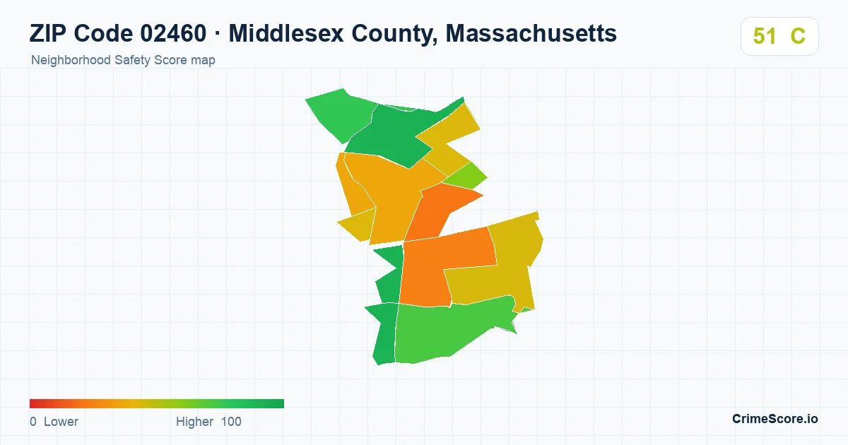 ZIP Code 02460 in Middlesex County, Massachusetts neighborhood Safety Score map