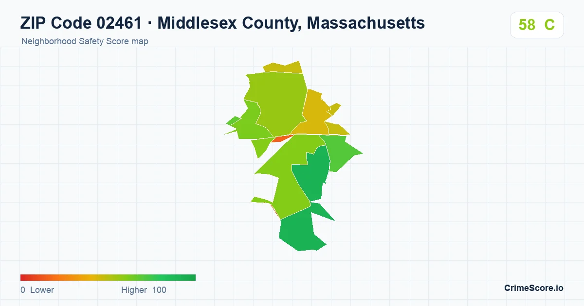 ZIP Code 02461 in Middlesex County, Massachusetts neighborhood Safety Score map