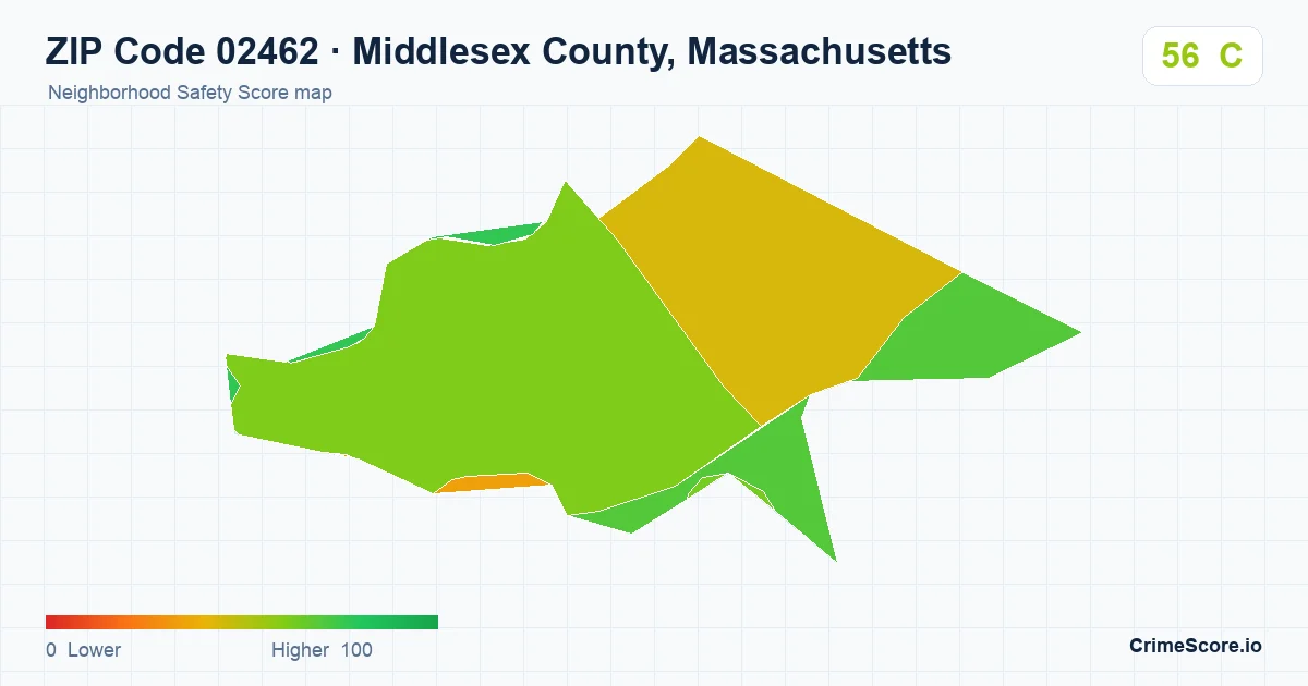 ZIP Code 02462 in Middlesex County, Massachusetts neighborhood Safety Score map