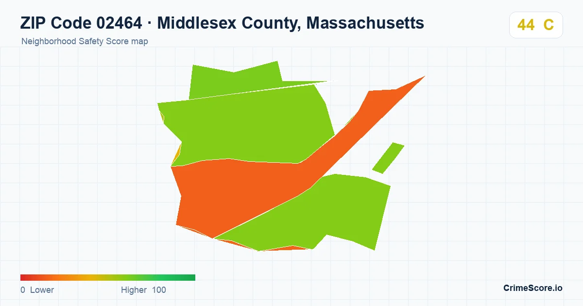 ZIP Code 02464 in Middlesex County, Massachusetts neighborhood Safety Score map