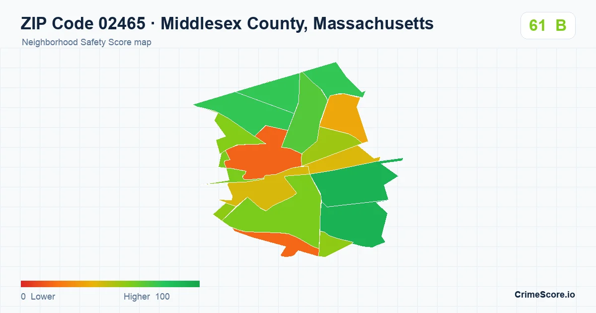 ZIP Code 02465 in Middlesex County, Massachusetts neighborhood Safety Score map