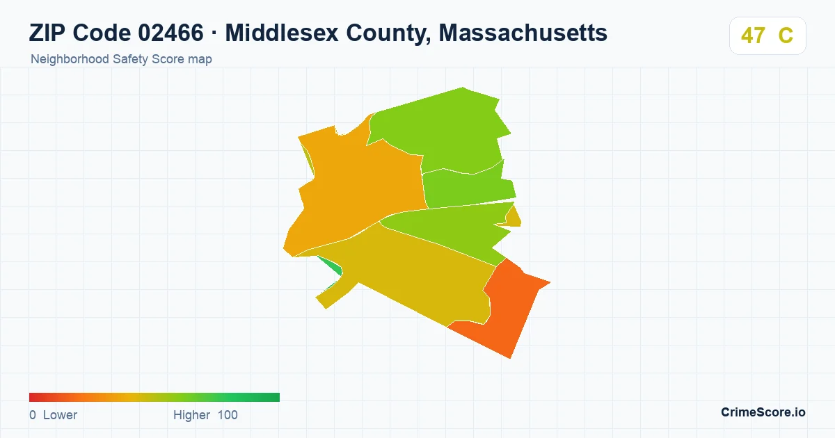 ZIP Code 02466 in Middlesex County, Massachusetts neighborhood Safety Score map