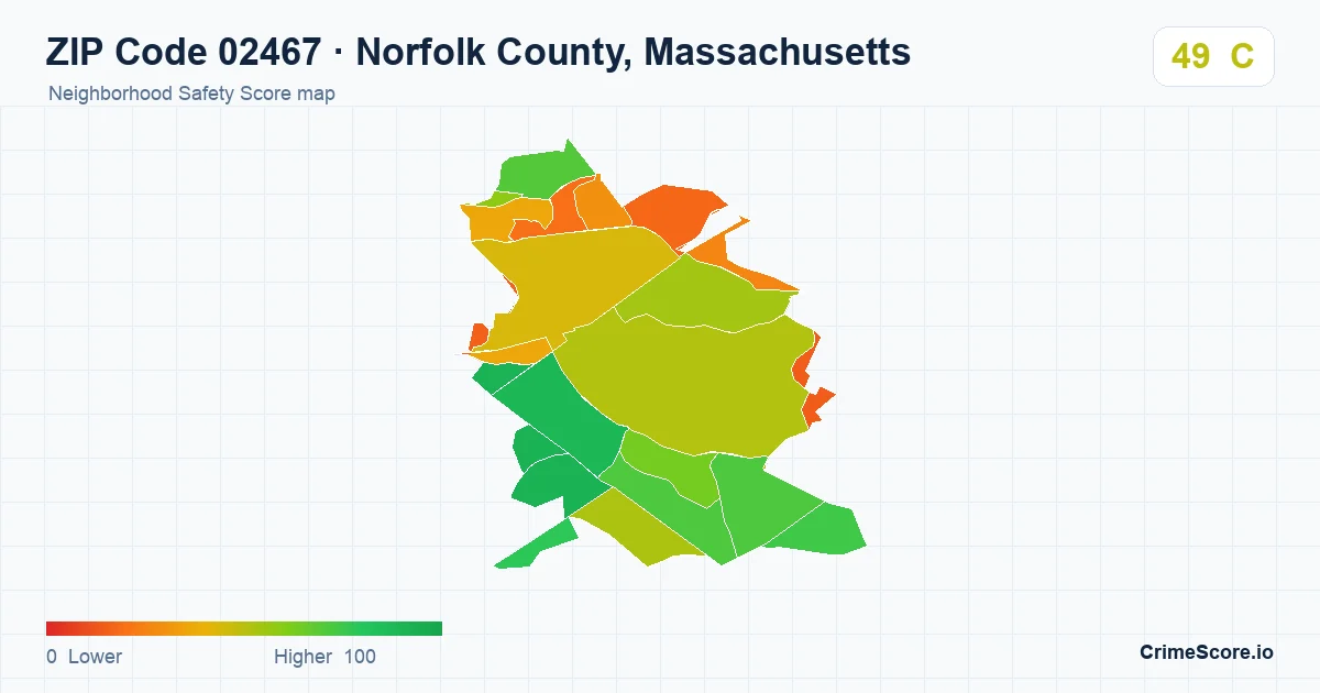 ZIP Code 02467 in Norfolk County, Massachusetts neighborhood Safety Score map